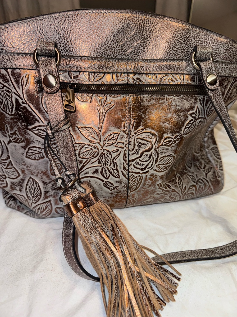 Patricia Nash Tooled Leather Satchel Floral Metallic Bronze Shoulder Bag